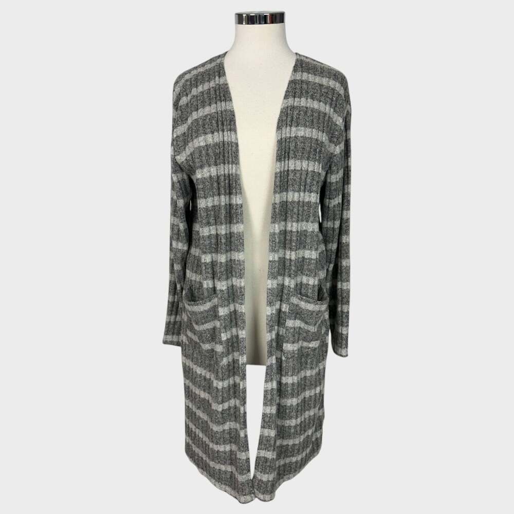 Nine West Small Long Open Front Cardigan Sweater Gray Black Stripe